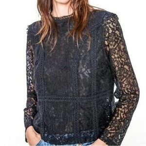 Zara Black Lace Long Sleeve Victorian Style Blouse Top Shirt Size XS